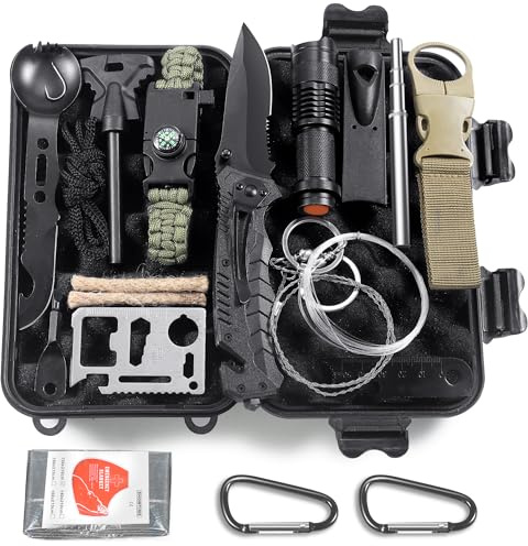 Graxury Överlevnadskit, 14 i 1, multifunktionellt survival kit, första hjälpen-set för friluftssport, camping och bergsklättring, tändsten, termofilt och visselpipa