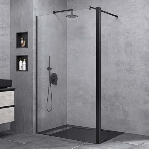 doporro Duschwand 140x200cm Walk-In mit 30cm Nebenteil, 10mm Duschabtrennung schwarz Bremen mit rundem Stabilisator, aus Echtglas ESG-Sicherheitsglas Klarglas inkl. Nanobeschichtung