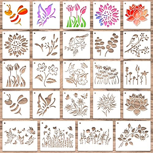Grevosea 20 Stück Malerei Schablonen Set Wildblumen & Tiermalerei Schablone Wandgestaltung Wiederverwendbare Zeichenschablone Kleine Schablonen zum Malen von Möbeln DIY Tasche Deko-13 * 13cm