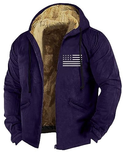 LUNULE Herren Übergangsjacke Strickpullover Weihnachten Schnittschutzjacke Flaggen Druck Langarm Teddy Fleece Gefüttert Hoodie Jacke Mit Reißverschluss Mantel (Dark Blue, 3XL)