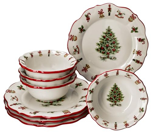 MamboCat Maestro Natale 8tlg Diner-Set I italienisches Keramik-Geschirr für 4 Personen mit Weihnachtsdekor I 4x bauchige Schalen & 4x flache Speiseteller für Weihnachten, Advent & Nikolaus