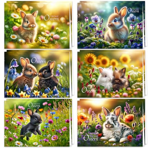 Osterkarten mit Umschlag Frühlingszauber 12er-Set aufklappbare Frohe Ostern Grußkarten im A6 Format Klappkarten mit süßen Hasen auf einer Wiese Frohe Ostern Kartenset Umschlag hochwertig