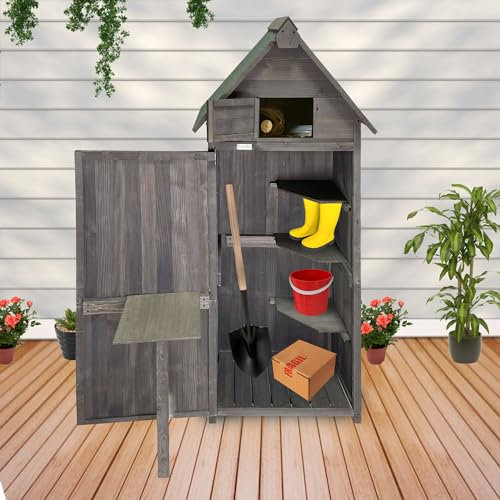 Lendo Online Geräteschuppen mit Tür 3 Ablageflächen und Tisch - Gartenhaus - Gerätehaus - Geräteschrank - 74,5x50x180 cm - Fichte Holz (Grau)