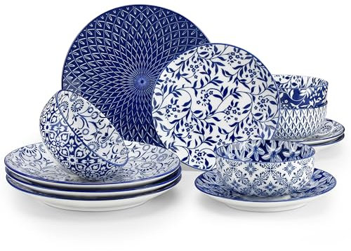 vancasso Selene Dinner Set for 4, 12 Pieces Porcelain Vintage Blue Plates and Bowls Set Kitchen Dinnerware Sets Crockery Set, Mircowave and Dishwasher Safe Dishes Set