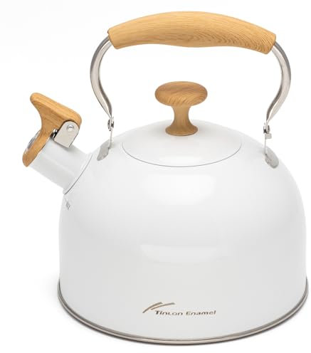 Tinlon Enamel Tea Kettle Stovetop, 2.5 Qt Whistling Teapot, Milk White