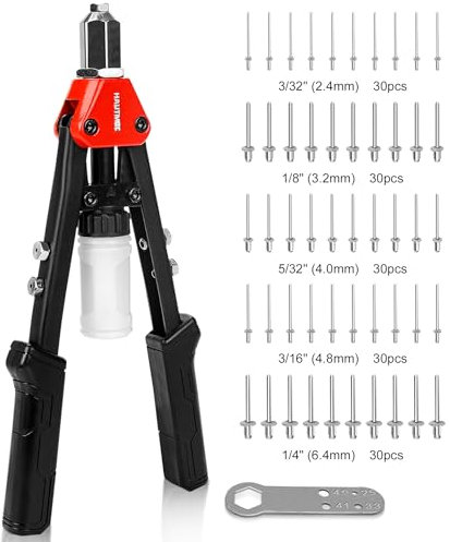 HAUTMEC 5-in-1 Rivet Gun with 150Pcs Rivets 13 Pop Rivet Tool with Portable Wrench and Rivets Collecting Bottle Heavy Duty Hand Riveter for Metal, Aluminum, Steel HT0435-HR