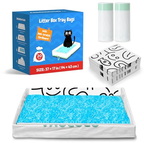 AMOGOPET 20-pack kattpåsar, kompatibel med PetSafe kristall kattlåda påfyllning, med anti-repor kartong, kraftig, läckagesäker tjock dragsko kattlåda, 94 cm x 43 cm