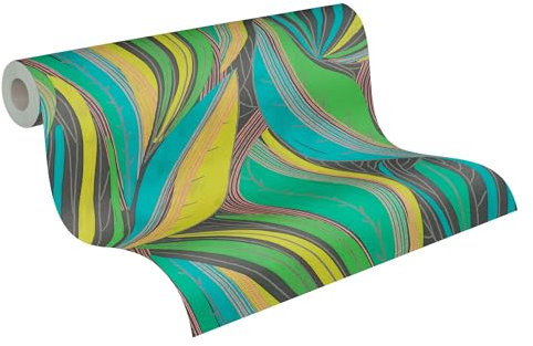 Livingwalls Non Woven Wallpaper Hot Spots Floral 10,05 m x 0,53 m - Green, Yellow, Turquoise, Metallic - Modern Wallpaper - 786551