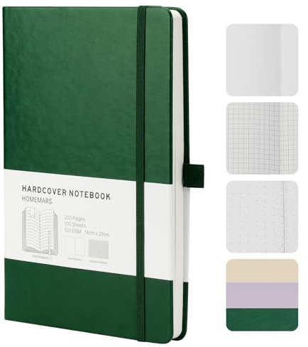 HOMEMARS Taccuino, Journal, A5, Quadernino, Taccuino Puntinato A5, Bullet Dotted Journal Puntinato 200 pagine, 100GSM, Copertina Rigida, Portapenne, Segnalibri,Verde