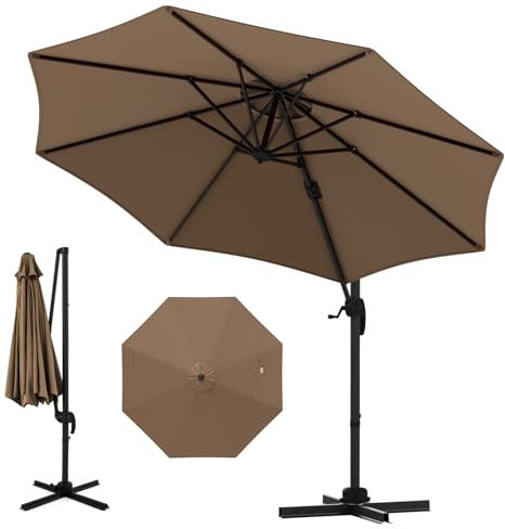 GOPLUS Parasol Deporte 3x3M, Parasol de Jardin Exterieur Pivotant à 360°, avec Poteau en Aluminium, 5 Angles d'Inclinaison Réglables, Protection Solaire, pour Balcon Terrasse Plage (Marron)