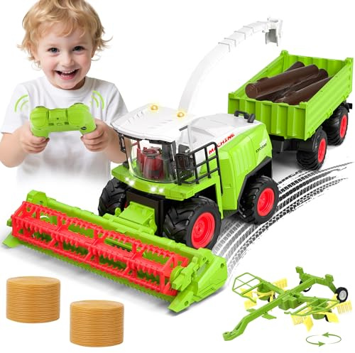 Orvyna Moissonneuse Batteuse Telecommande avec Remorque et Faneuse, RC Tracteur Jouet Telecommandé Enfant, Cool Lumière et Réaliste Son, Jouet Ferme Cadeau pour Enfants à Partir de 3,4,5,6 Ans