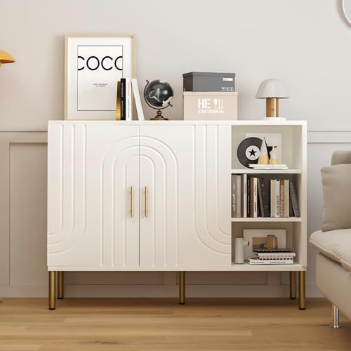 DAWNYIELD Buffet Credenza con 2 Ante e 3 Ripiani, 110x35x82 cm, Colore Crema, Cabinet per Soggiorno, Credenza Cucina, Ingresso con Texture Curva, Mobile da Appoggio Multiuso