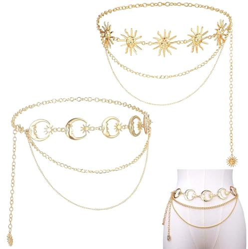 TREABEAR 2 Cinturones Para Mujer, Cinturón Dorado De Aleación Con Cadenas Sol Y Luna, Ajustable, Estilo Bohemio