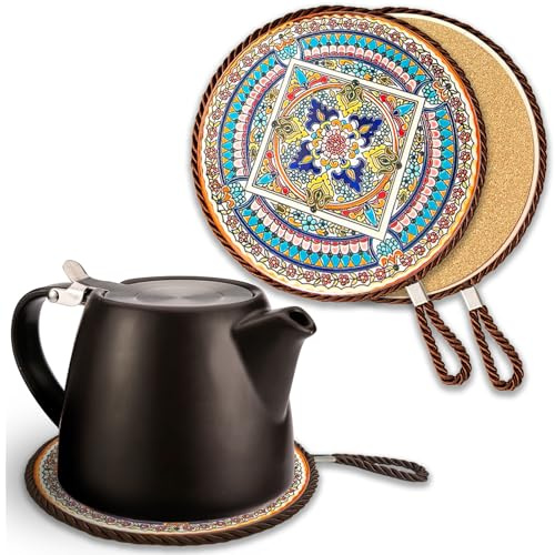 Sottopentola 17 cm in ceramica e sughero – Resistente al calore, tappetino decorativo per teiera & sottobicchiere grande.