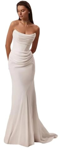 cantcauli Cowl Neck Wedding Dresses White Long Mermaid Corset Ruched Chiffon Strapless Beach Bridal Gowns for Women US4