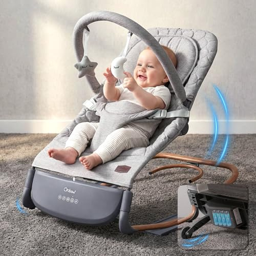 Babywippe Elektrische, Ergonomischer Babyschaukel Elektrisch mit Klopf-Sensor, 3 Schwinggeschwindigkeiten & Touchpanel, 2 Timer (30/60 Min), 8 Schlaflieder, für 0-30 Monate (bis 18 kg), Zephyrgrau