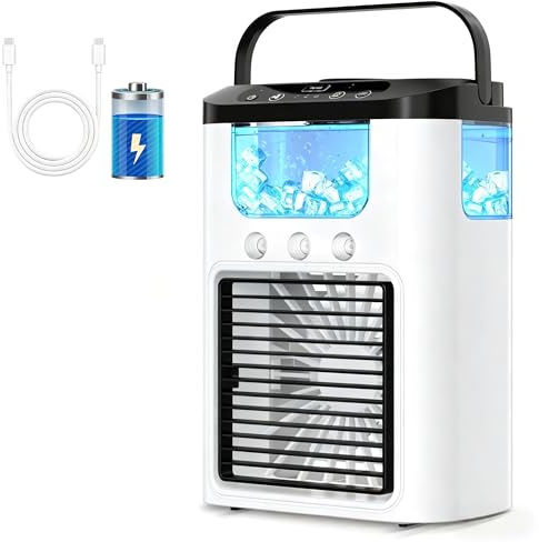 Aire Acondicionado Portatil Ariahir, Mini Enfriador de Aire con Batería de 1200 mAh 600ml Tanque, con Luz Nocturna de 7 Colores y 3 Velocidades para Hogar, Oficina y Aire Libre