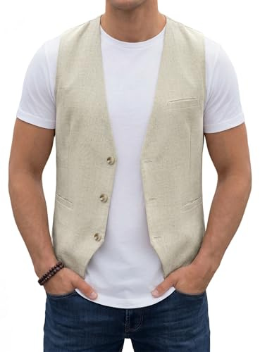 HISDERN Men's Waistcoats Casual Linen Waistcoat Solid Summer Suit Vest with Pockets for Wedding Party Business Prom