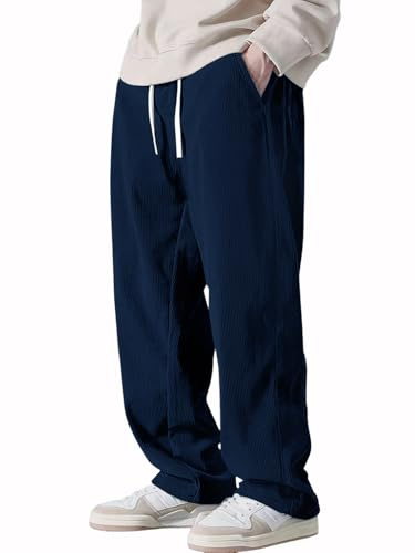 Pinkmint ribbade polyester/lycra-byxor, avslappnad passform, stretchig och bekväm, flexibel elastisk linning med dragsko undertill för män, nitbyxor, fritidsbyxor, Grön/blå, 3XL