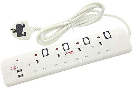 Innoteck DS-2138 Innoteck 4-Way 2 m 13 A 240 V Individual Switched Dual USB Ports 3.1 A Extension Lead with Neon Indicator and Surge Protector - White