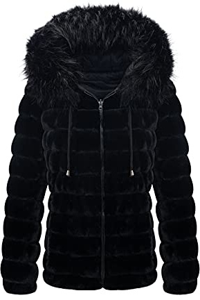 Geschallino Giacca da Donna in Pelliccia Sintetica Reversibile con Cappuccio Imbottito Invernale Corto Cappotto 19225 Nero XL