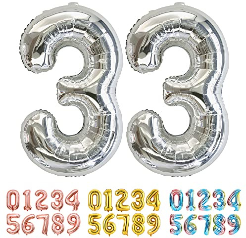 Ponmoo Foil Balloon Number 33 Silver, Giant Numbers 0 1 2 3 4 5 6 7 8 9 10-19 20-29 30-39 40-49 50-60-70-80-90-100, Large Balloons for Wedding Anniversary Birthday Party Decoration