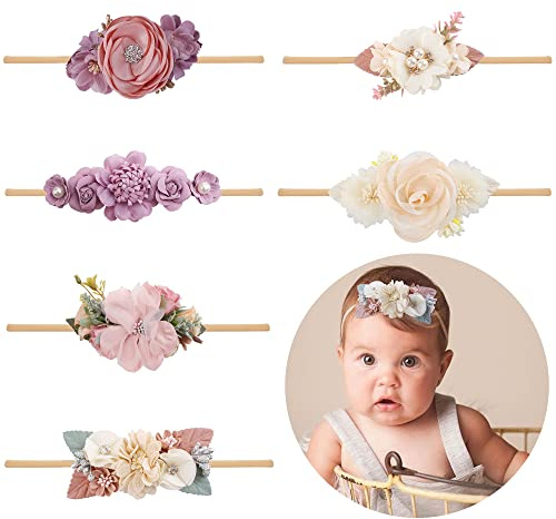 NUWAJP Baby Girl Flower Headband 6 PCS Elastic Hairbands Handmade Nylon Bows Headbands Chic Floral Hair Accessories Kids Gifts for Newborn Infant Toddlers