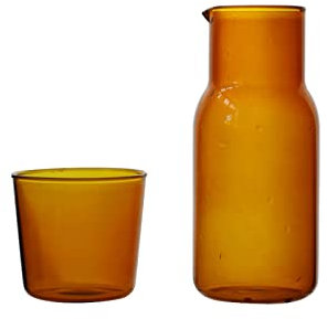 Sappiedear Bedside Glass Water Carafe Set with Cup, Glass Carafe with Lid Mouthwash Cups for Bedroom Bathroom Juice Wine Milk 19oz Amber