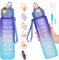 Water Bottle 1L, Sports Water Bottle with Straw & Time Maker, Drinks Bottle with Bottle Brush and Filter, Leak-proof, BPA-free Plastic Drink Bottle for Running Gym Cycling Office and School (Purple)