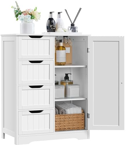 Yaheetech Large Bathroom Floor Cabinet with 4 Dawers and Single Door Cabinet, Freestanding Storage Cabinet for Living Room Kitchen Hallway, White