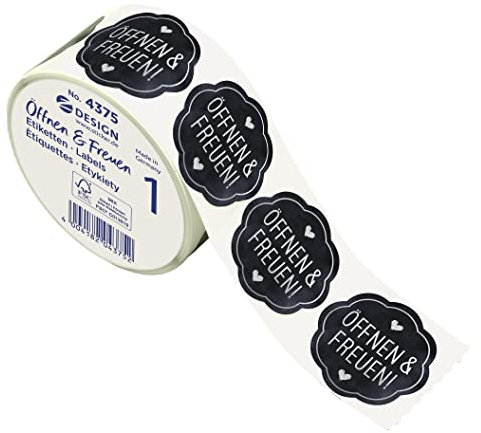 AVERY Zweckform 600 Aufkleber Öffnen und Freuen (Made in Germany, Ø38 mm, schwarze Geschenkaufkleber silberne Schrift, selbstklebende Geschenkdeko, Karten, Tüten, Gutscheine) Sticker auf Rolle, 4375