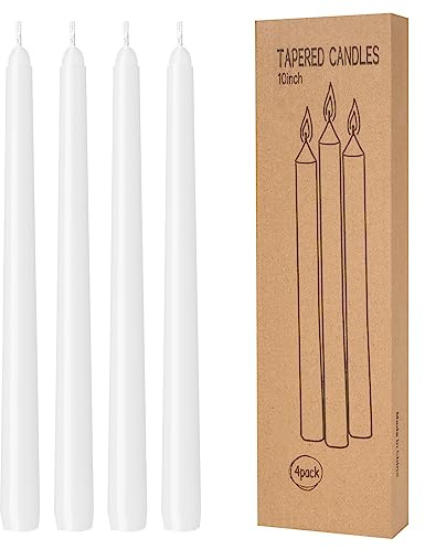 4 Pack White Taper Candles - Taper Candles 10 Inch Dripless, Smokeless & Unscented - 8 Hours Long Burning - Hand Poured Tall Candlesticks - Ideal for Weddings, Dinner Parties, and Home Decor