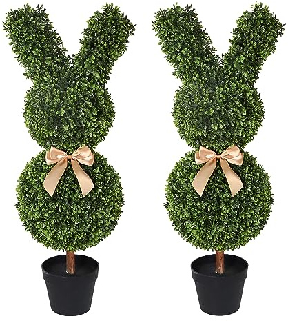 OAZALDA Artificial Bunny-Shaped Topiary Tree 35'' UV-Resistant Faux Boxwood Topiary Plant for Porch Decor(Set of Two)