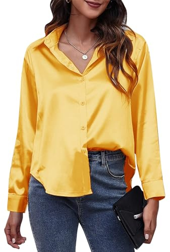 Maeau - Mujer Camisas de Manga Larga de Satén Blusas de Seda Simulada Camisa de Negocios Tops Informales Abotonados - Amarillo Jengibre - S