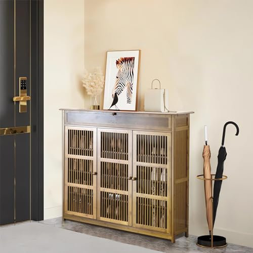 unho Schuhschrank Schuhregal mit 4 Ablagen, 1 Schublade und 3 Türen, Schuhablage für Flur Diele, Schuhkommode für High Heels, Sportschuhe, 93 x 32 x 98 cm