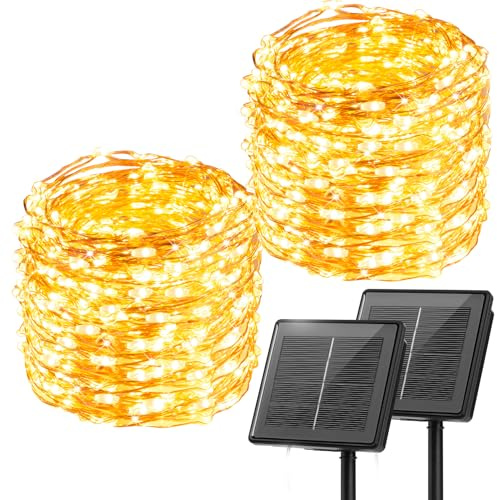 Minetom Solar String Lights, 2 Packs Total 66Ft 200 LED Solar Fairy Lights, Waterproof Solar Lights for Outside Patio Yard Tree Wedding Christmas, Warm White