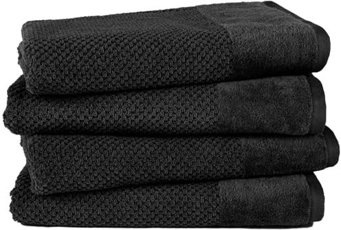 Pure Label 4-TLG. Badetücher Set mit Anhängeschlaufe aus 100% Baumwolle, saugstark, weich und Oeko-TEX Zertifiziert - 4 Badetücher aus Baumwolle 70x140 cm, Schwarz