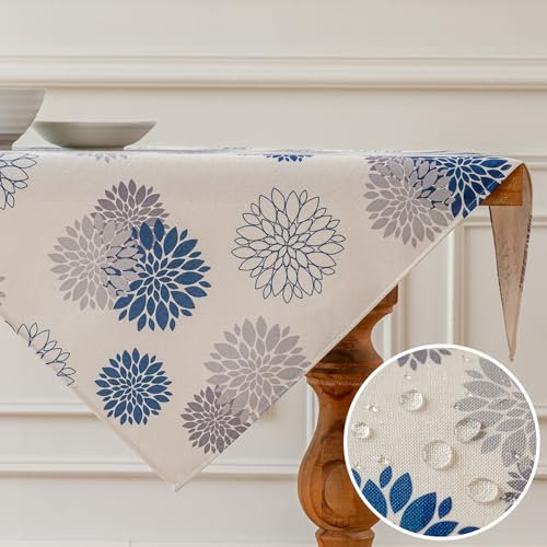 Vorysum Tischdecke Blumen Navy Blau Dahlien Tischwäsche Modern Wasserabweisend Leinen，Dekoration Tischläufer Outdoor Sommer Garten für Hochzeit Esszimmer Party Urlaub Dekor 85 x 85 cm