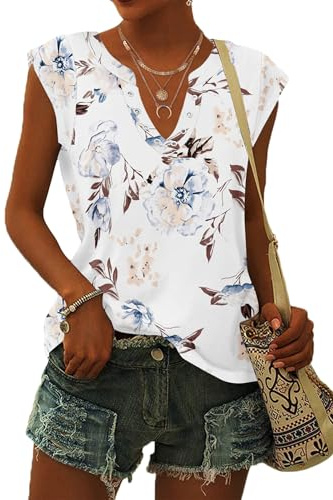 PLOKNRD T-Shirt à Manches Courtes Femme D'été Tops Col en V Décontracté Hauts Femme Chic et Élégant (Fleurs Blanches,XL)