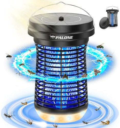 PALONE Insektenvernichter Elektrisch Solar LED, 4500V USB C Wiederaufladbar Elektrischer Mückenlampe mit 3,5W/5V Sonnenkollektor & 3,5M Kabel und Type C Ladekabel für Innen Außen