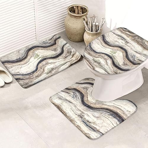Badezimmerteppich Abstrakt Beige Grau WC Vorleger mit Ausschnitt WC Deckelbezug 3 Teiliges WC Teppich rutschfeste Badgarnitur U förmiger Badematte Waschbar Bad Teppiche Set 50x80 cm