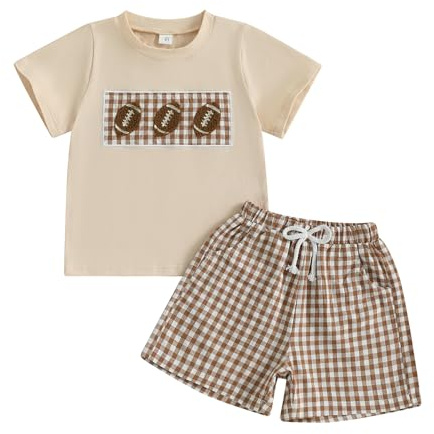 Amnnchya Kids Baby Boy Girl Football Outfit Embroidery Short Sleeve Shirt Plaid Shorts Cute Toddler Clothes Clothing Set (Khaki, 3T)