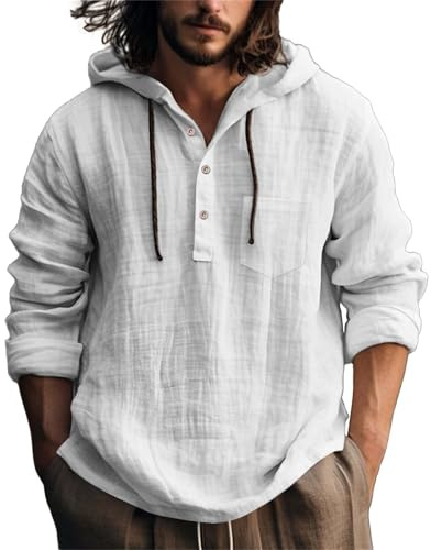 Generico Camicia Uomo Estiva, Camicia Lino Uomo Manica Lunga Maglietta con Cappuccio e Coulisse Casual Leggeri Bottoni Cardigan in Tinta Unita 3XL
