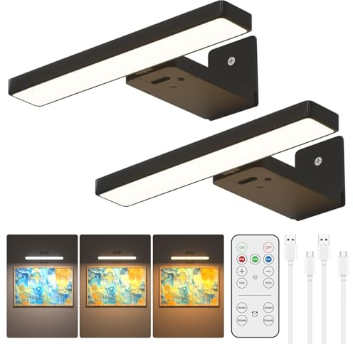 BrightWish Luce per Quadri Senza Fili, Lampada da Parete Ricaricabile con Telecomando, 3 Temperature di Colore, 10 Livelli di Luminosità Regolabile, Timer, per Dipinti, Specchio e Freccette
