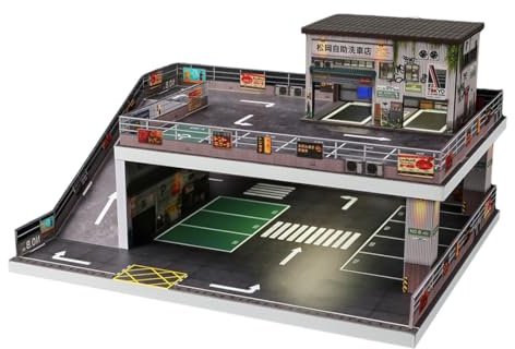 1/64 Scala Parcheggio Auto Lavaggio Modello Scena con Luci Diorama Edificio Miniatura Casa delle Bambole Mostra (Personaggi e modelli di auto Non incluso)