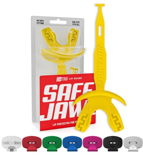 SAFEJAWZ Protector bucal para fútbol, protector labial deportivo con correa integrada, boquilla transpirable para adultos y jóvenes, protector labial para fútbol americano y Lacrosse (Amarillo)