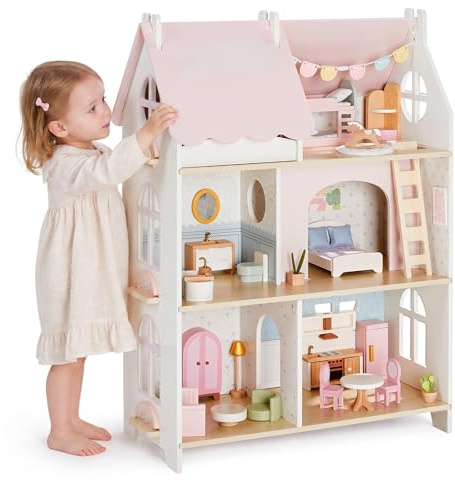 Giant bean Cloud Cottage Wooden Dollhouse for Girls – 3-Story 6 Rooms Modern Scandinavian Doll House with 36PCS Furniture Set, Cute Pink Pretend Play House Toy Gift for Toddlers & Kids Ages 3+