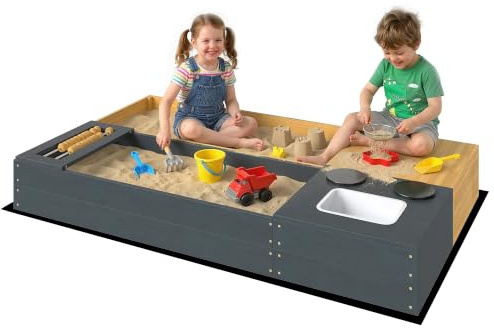 AIYAPLAY Sandlåda 2-delad 150 x 90 cm sandlåda av trä med sittbänk förvaringsutrymme spis avtagbart handfat akuspärlor sandlåda för barn från 3–8 år, för utomhus trädgård bakgård gul