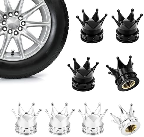 YTAXYZWR 8 PCS Tapones de Válvula para Neumáticos, Tapas de Válvula de Aluminio Negro y Plata con Diseño Corona, Accesorios Universales para Coche, Moto, Bicicleta y Camión