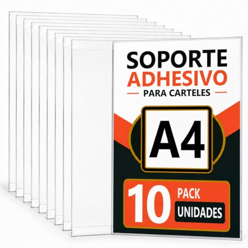 Roxpit Soporte Adhesivo A4 Transparente de Pared, Pack de 10 Unidades, Expositor Antirreflejos para Carteles, Horarios, Promociones, Menús y Señalización Oficinas, Tiendas y Recepciones